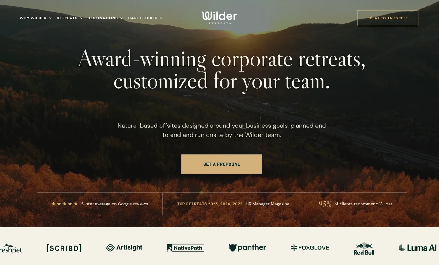 Wilder Retreats desktop homepage: Award-winning corporate retreats, customized for your team